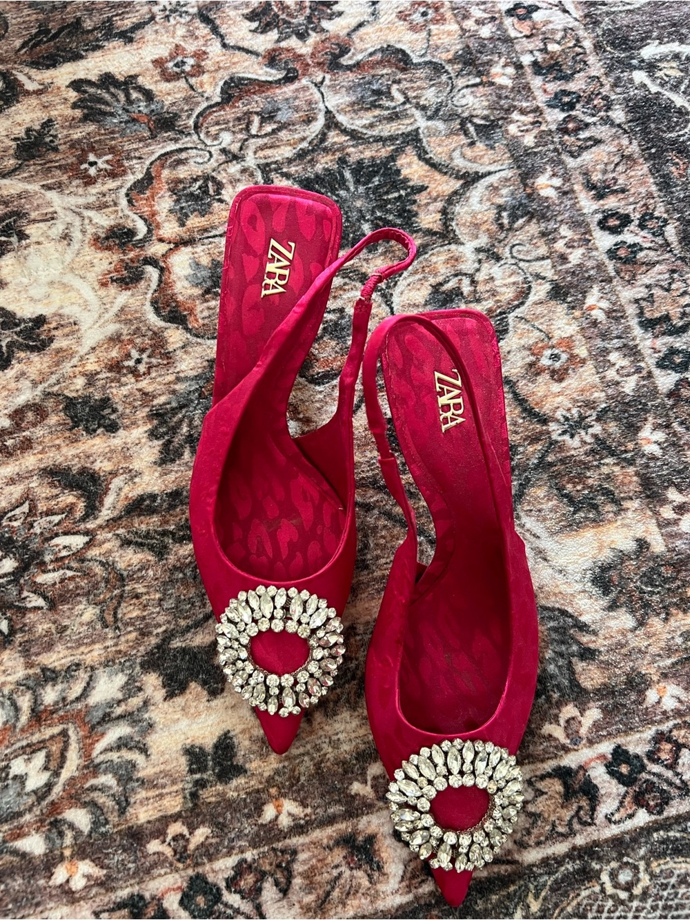Zara Hot Pink Pointed Slingback Heels with Crystal Rosette
